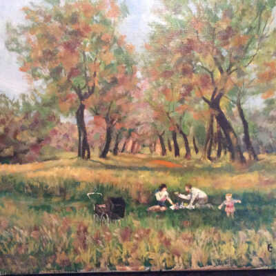 Dufner: Edward Dufner (in the style of) oil painting of family picnicking in central park