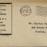 Short Hills Post Office opening first day cancel envelope, 1938