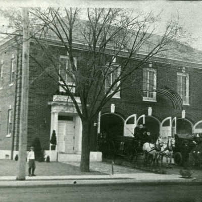 Fire Department: Firemen with Horses and Truck at Fire House/Town Hall