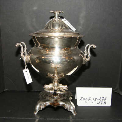 Woman's Club of Millburn: Silverplate (?) coffee urn from Woman's Club of Millburn