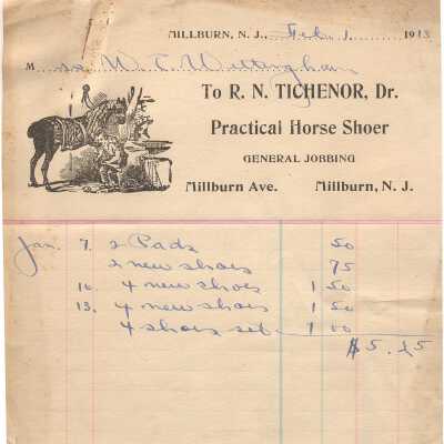 Tichenor: R.N. Tichenor Practical Horse Shoer Millburn, invoice dated February 1, 1913