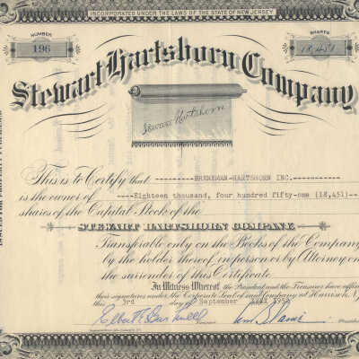 Hartshorn Company Stock Certificate Breneman-Hartshorn
