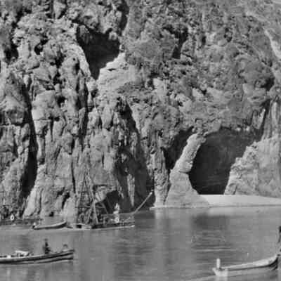 Black Canyon- "Drill barges at work on Line D, lower Hoover damsite." October 31, 1922