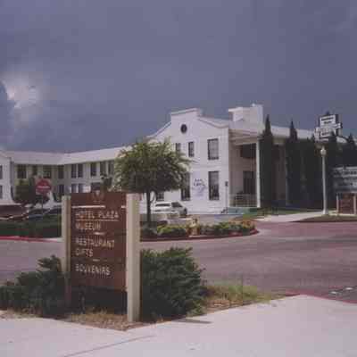 Boulder Dam Hotel- Hotel plaza with storm clouds, September 8, 1997]