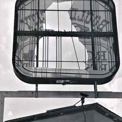 Boulder Dam Hotel- storm damage to the roof top sign, August 9, 1988
