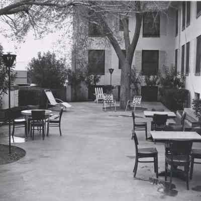 Boulder Dam Hotel, east terrace, fish pond fountain turned into a barbecue pit 1961