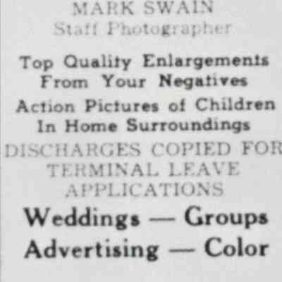 Belknap Photographic Services with Mark Swain advertisement (Boulder Dam Hotel basement) [Boulder City News, July 7, 1947, p. 7]