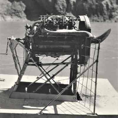 Colorado River - Murl Emery's airplane engine- propelled flat boat, the Flying Fish