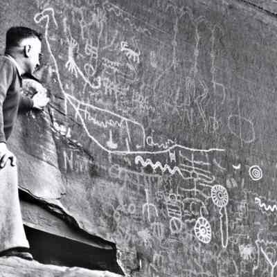 Petroglyphs at Atlatl Rock, Valley of Fire, NV [photo taken April 20, 1935]