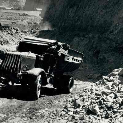 Hoover Dam construction: equipment trucks