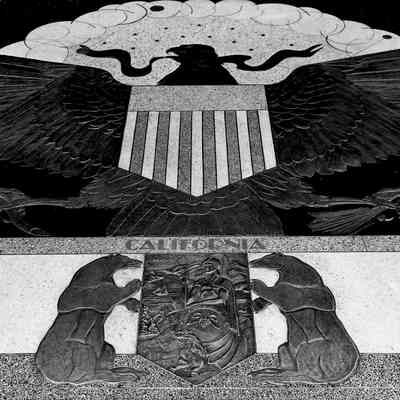 0002:2066: Hoover Dam - art and monuments: star map, November 22, 1938 ["A portion of the terrazzo star map surrounding the flagpole base at the Nevada end of the dam. This view shows the national emblem and a portion of the state seals."] [USBR photo no. BCP 04496] [Cliff Segerblom, photographer]