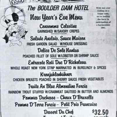Boulder Dam Hotel- advertisement: New Year's Eve menu, December 25, 1980