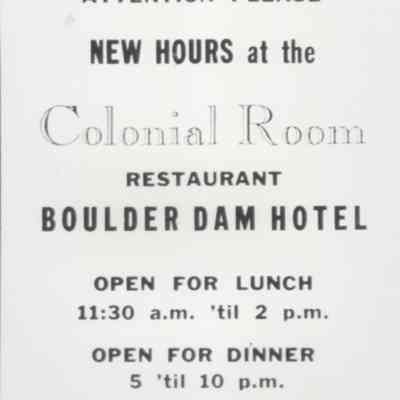 Boulder Dam Hotel dining room new hours ad from the Boulder City News, June 14, 1946