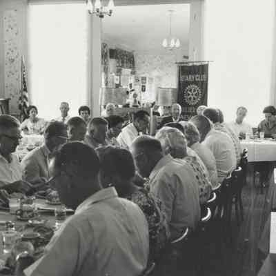 Boulder Dam Hotel dining room: Boulder City Rotary Club luncheon honoring Rotary District Governor and Mrs. Chester Baldwin of Downey, CA., Henderson, NV zone representative Bill Imhoff,