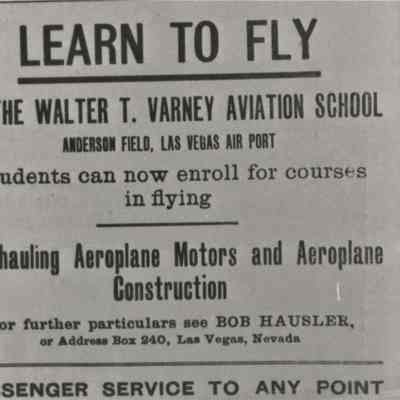 Las Vegas- advertisement for the Walter T. Varney Aviation School November 26, 1921