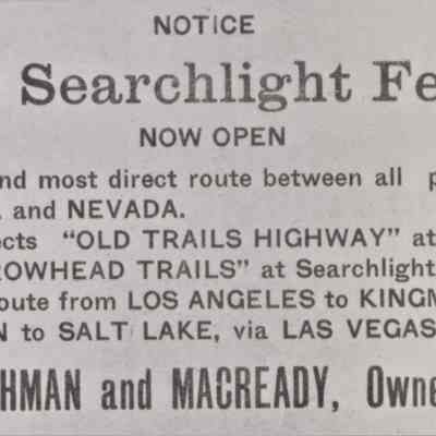 Colorado River ferries; advertisement for the Searchlight Ferry