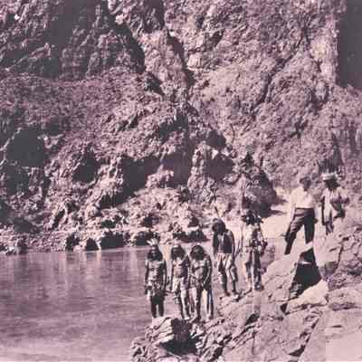 Boulder Canyon- Nevada Governor James Scrugham with Moapa Paiute Indians in costume at the USBR gauging station, 1925