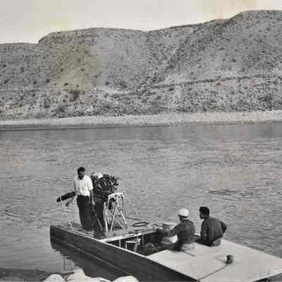 "The boat, with Murl, Murphy, J.R. Woodruff. Looking across river