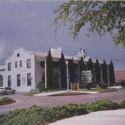 Boulder Dam Hotel plaza with storm cloud, September 8, 1997