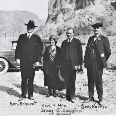 at the entrance to Black Canyon, 1920's l-r: AZ. Senator Henry Ashurst; Mrs. James G. Scrugham; NV. Senator James G. Scrugham; Senator Norris