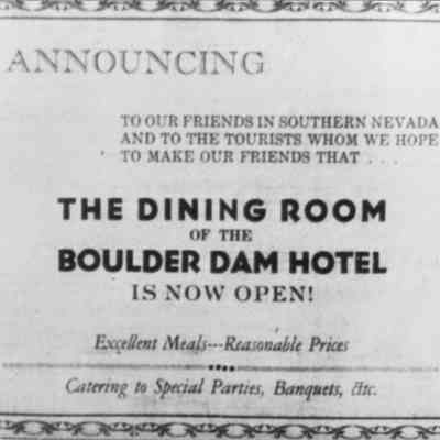 Boulder Dam Hotel dining room opening advertisement from Las Vegas Evening Review Journal, November 9, 1935