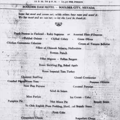 Boulder Dam Hotel Thanksgiving Dinner Menu in November 24,1938