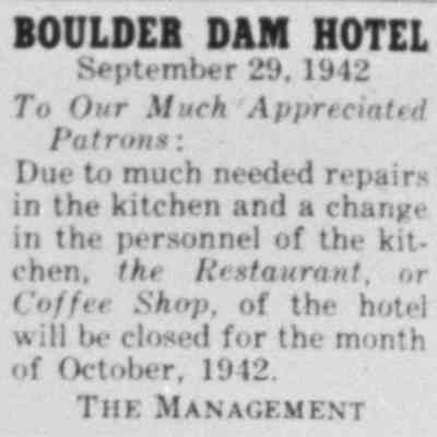 Boulder Dam Hotel dining room closure advertisement from the Boulder City News, Sept. 30, 1942