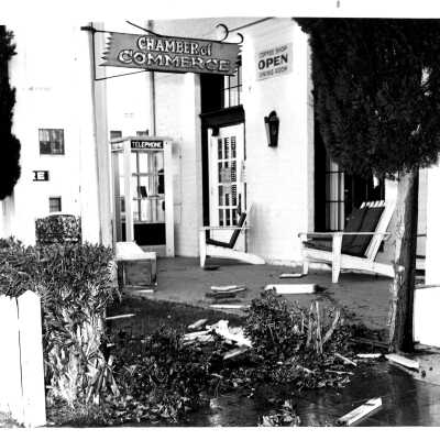 Boulder Dam Hotel- Chamber of Commerce sign- debris from a car wreck in the front of the hotel 1960's