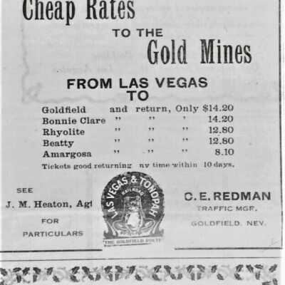 Railroads Las Vegas & Tonopah Railroad Advertisement "Cheap Rates to the Goldmines" Nov. 12, 1912