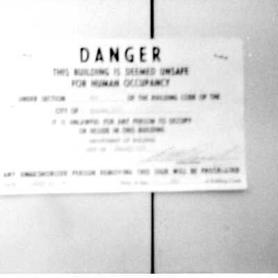 Boulder Dam Hotel July 1983 storm damage - danger sign