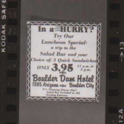 Boulder Dam Hotel- $3.95 luncheon advertisement July 1981
