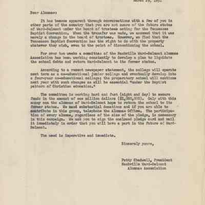 Letter to Alumni About WB Sale, March 1951