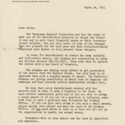 Letter to Ward-Belmont Students from Mary Ann Moore, March 1951