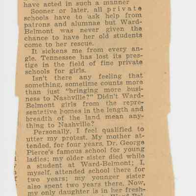 Letter From A Reader About Ward-Belmont's Sake, Nashville Banner 1951