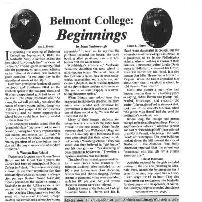 Belmont College Beginnings & Ward-Belmont History in Belmont Circle Magazine