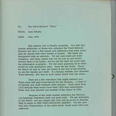 Letter from Jane Delony to Ward-Belmont Reunion Attendees