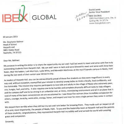 Letter from IBEX Global Senior Vice President, David J. Lewis, to Dr. Stephanie Balmer, Head of School