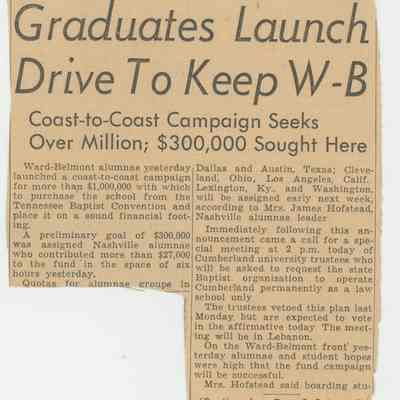 Newspaper Article on the Ward-Belmont Alumnae Fund, 1951