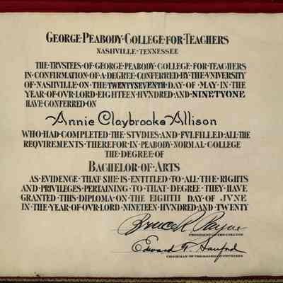 Diploma for Annie Claybrooke Allison, Bachelor of Arts, 1920.: Inside of Diploma for Annie Claybrooke Allison, Bachelor of Arts, 1920, from the George Peabody College for Teachers.