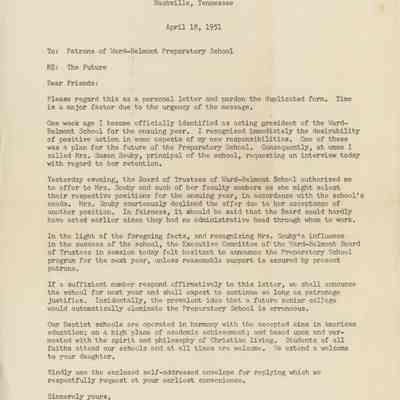 Letter to WB Patrons About the Preparatory School, April 1951