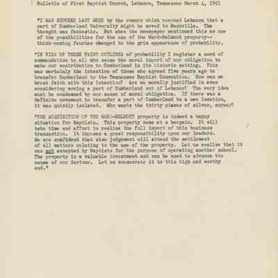 Bulletin from First Baptist Church, March 1951