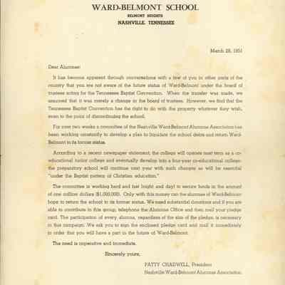 Ward-Belmont Letter to Alumnae