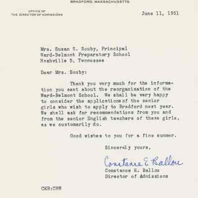 Letter to Susan Souby from Bradford Junior College, 1951