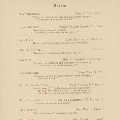 Page two: List of Toasts with names of speakers and titles of speeches listed