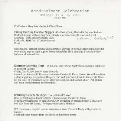 Ward Belmont Celebration 2000 Event Outline