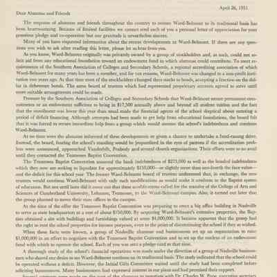 Letter From Patty Chadwell to Alumnae and Friends of Ward-Belmont on its Closure 1951