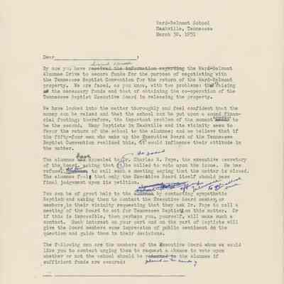 Draft of Letter to Alumni, 1951