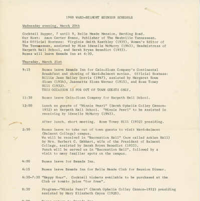 1968 Ward-Belmont Reunion Schedule