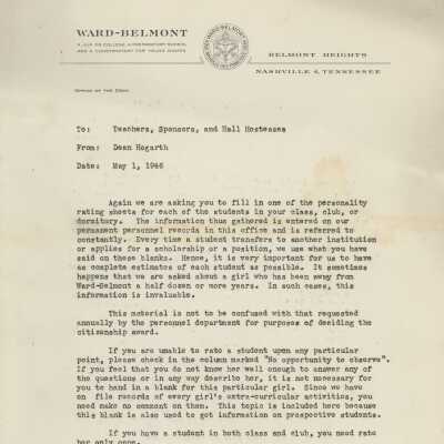 Student Personality Test Letter, 1946
