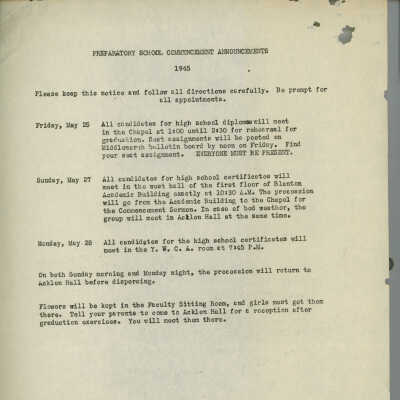 Preparatory School Commencement Annoucements 1945